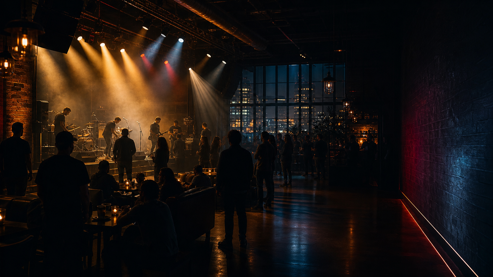 Warm stage lights cutting through concert haze in a St. Louis music venue