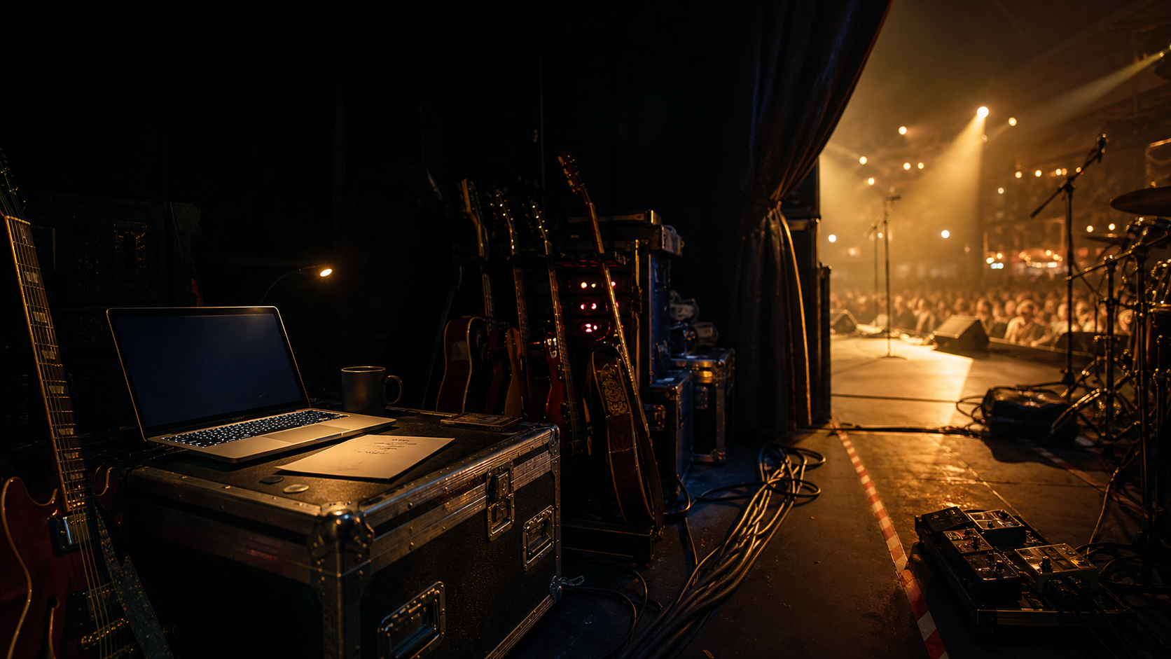 Backstage guitars, laptop, and stage lights for a working musician command center