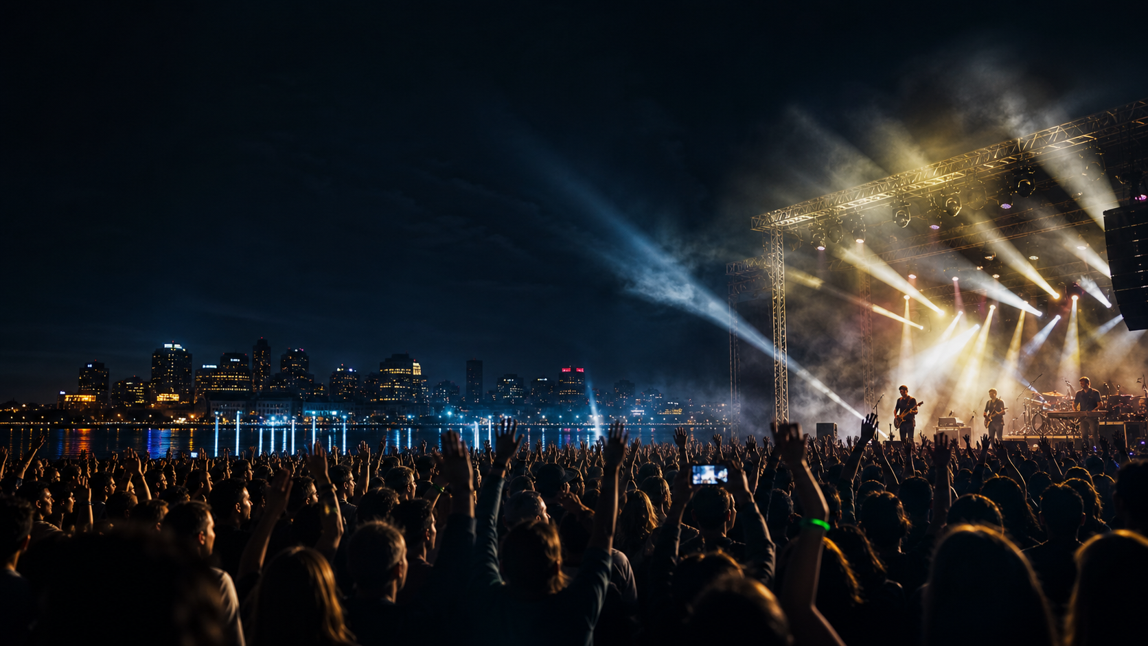 Outdoor night concert with crowd, riverfront city lights, and sweeping stage beams